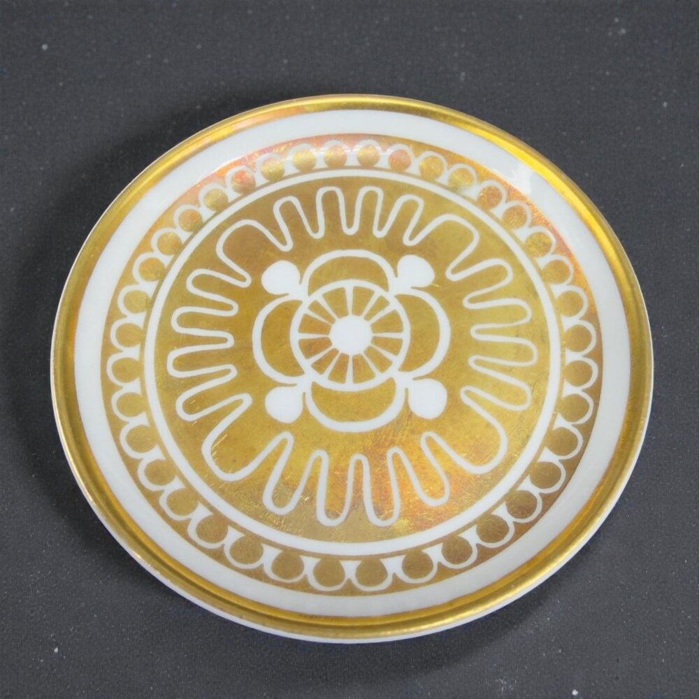 Porsgrund Norway Fine Porcelain 3inch Round Trinket Dish Plate Gold Accents VTG